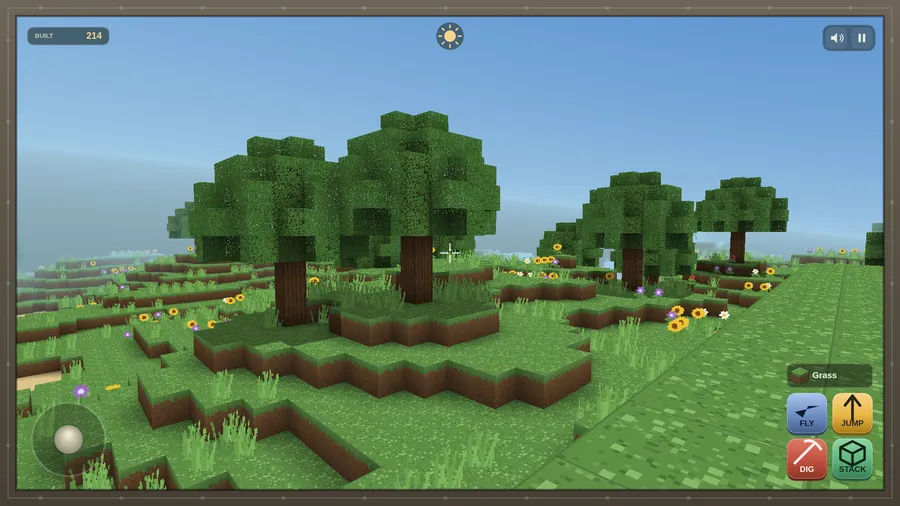 Blocky trees on grass terraces dotted with yellow and purple flowers, with Fly, Jump, Dig and Stack buttons; Grass held