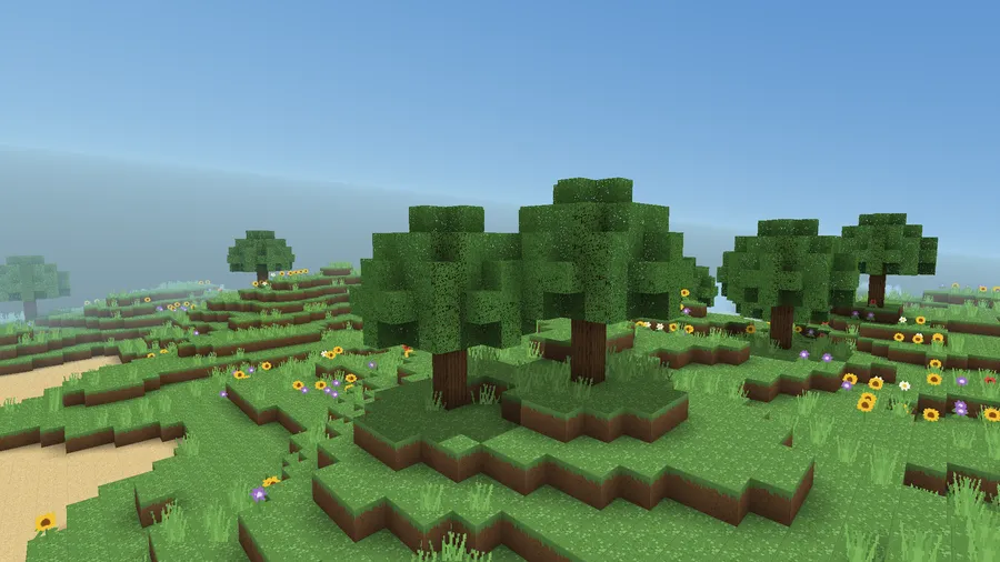 Blocky trees on stepped grass hills scattered with sunflowers and purple flowers under a clear blue sky