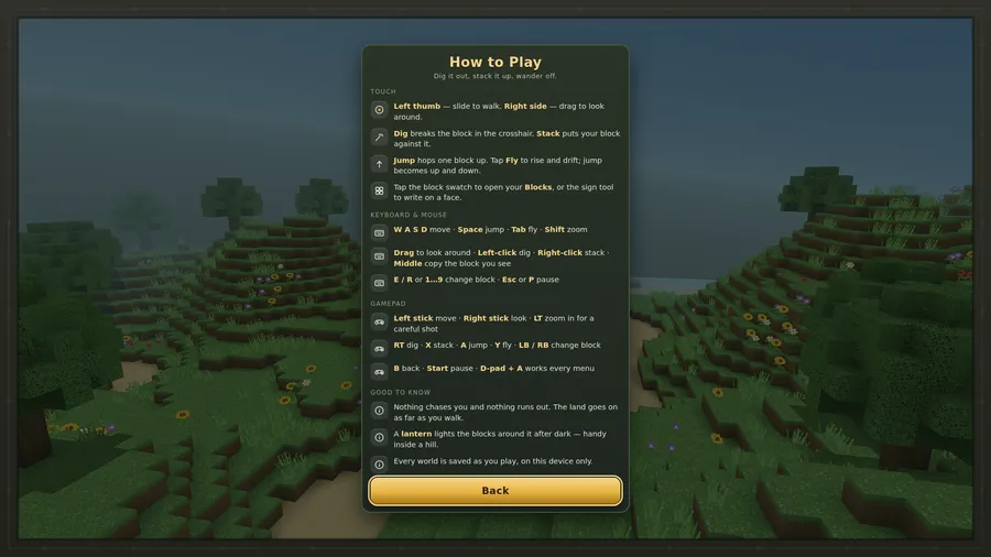 How to Play panel listing Touch, Keyboard & mouse and Gamepad controls and three Good to know notes, above a Back button