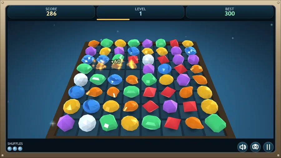 The low view at the brook: 3D pebbles stand up in the tray as a match pops for +60 at Level 1; score 286, best 300