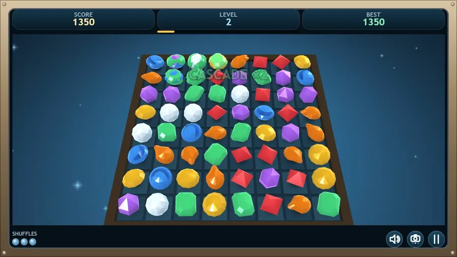 The three-quarter view mid-cascade: Cascade ×2 across the 3D tray at Level 2, score 1350