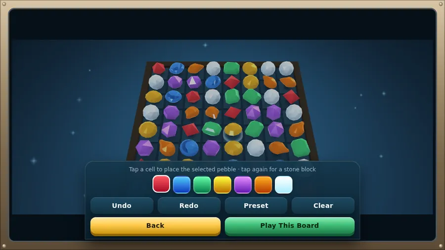 Board Studio over a full 3D tray: a seven-colour palette with Undo, Redo, Preset, Clear, Back and Play This Board