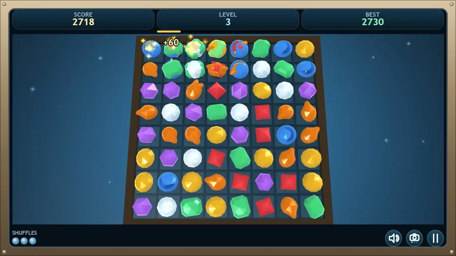 The overhead view at Level 3, score 2718, as a match in the top row pops for +60