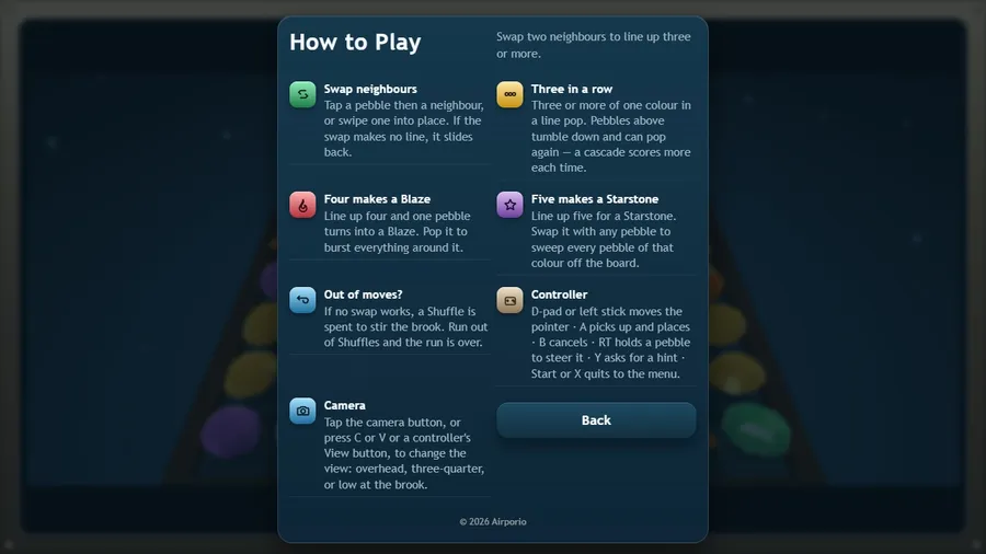 How to Play: Swap neighbours, Three in a row, Four makes a Blaze, Five makes a Starstone, Out of moves?, Controller, Camera