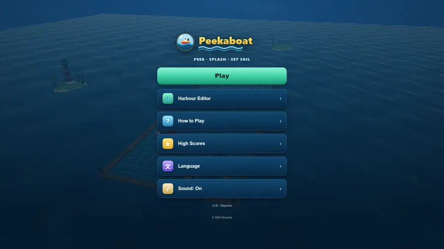 Main menu over a calm evening sea: Peekaboat logo, green Play button, then Harbour Editor, How to Play, High Scores