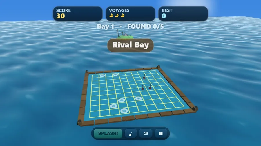 Low over the Rival Bay: foam rings mark misses and three buoys mark hits on the 3D grid; score 30, Bay 1, found 0/5