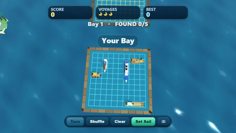 The chart view straight down on Your Bay while hiding the fleet: five boats moored above Turn, Shuffle, Clear and Set Sail