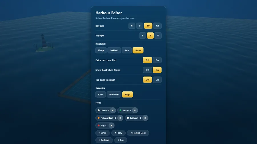 Harbour Editor with Bay size 10, 3 voyages, Auto rival skill, High graphics and a fleet of five named boats