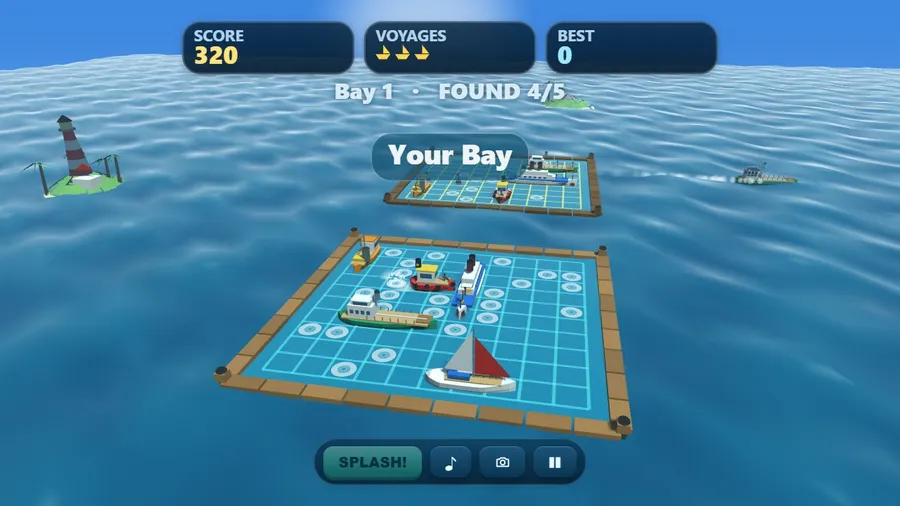 Low over Your Bay on the rival's turn: foam rings around five boats, the Rival Bay and a lighthouse behind; score 320