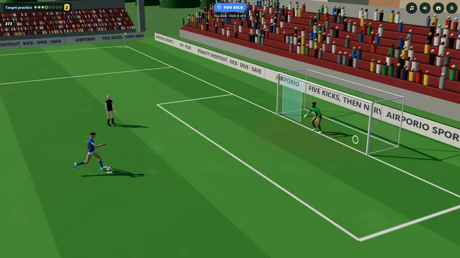 The television view at The Rec: your kicker on his run-up, the keeper set, a lit target ring low in the corner of the goal.