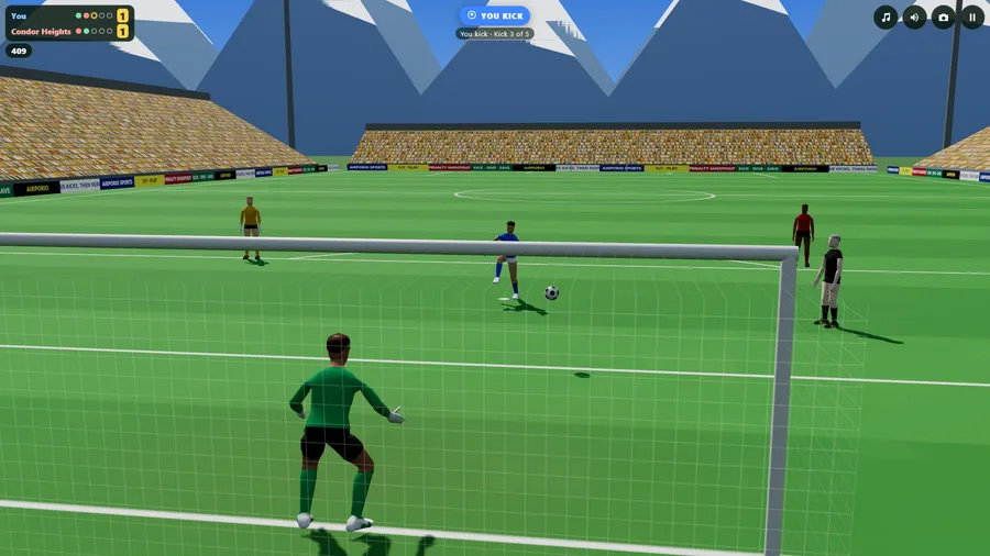 Facing you at Summit Bowl, through the net behind their keeper: your kick on its way, snow peaks over the far stand.