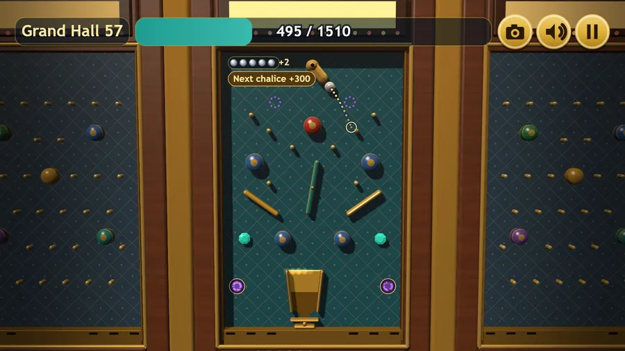 Grand Hall 57 deep in the run: brass nails, bumpers and gems over the gold chalice, the score climbing to its target