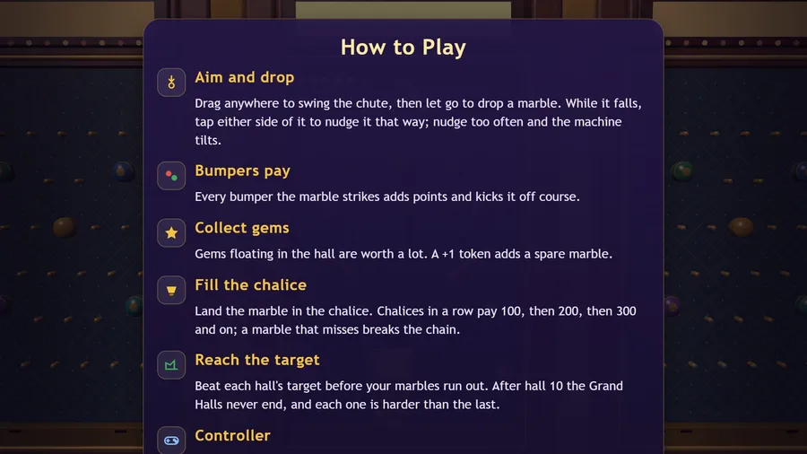 How to Play with six tips: aim and drop, bumpers pay, collect gems, fill the chalice, reach the target, controller