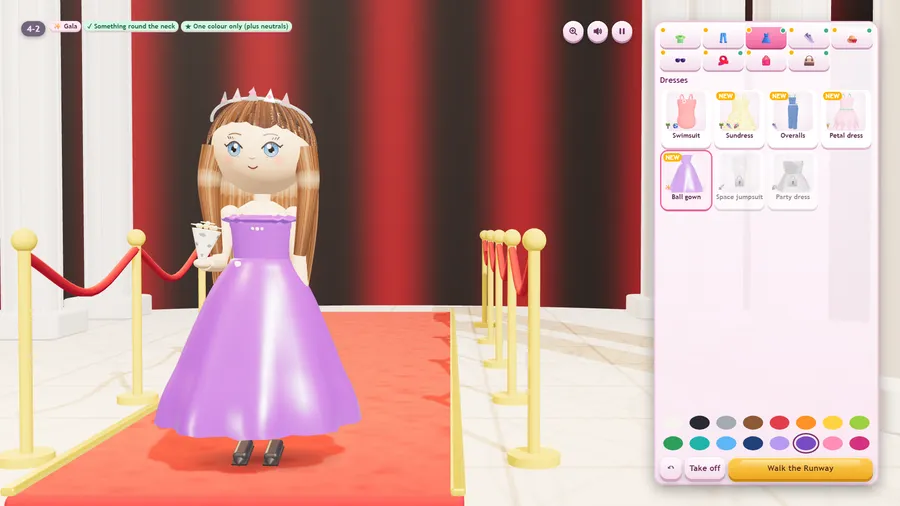 Show 4-2 Gala: a poppet in a purple ball gown and tiara on a red carpet, with the Dresses wardrobe and colour swatches