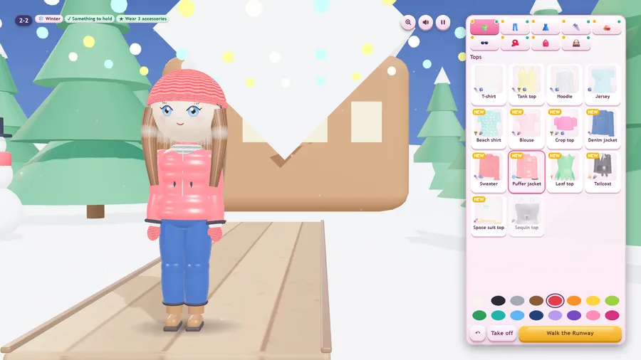 Show 2-2 Winter: a poppet in a pink puffer jacket, bobble hat and mittens by a snowy chalet, with the Tops wardrobe open