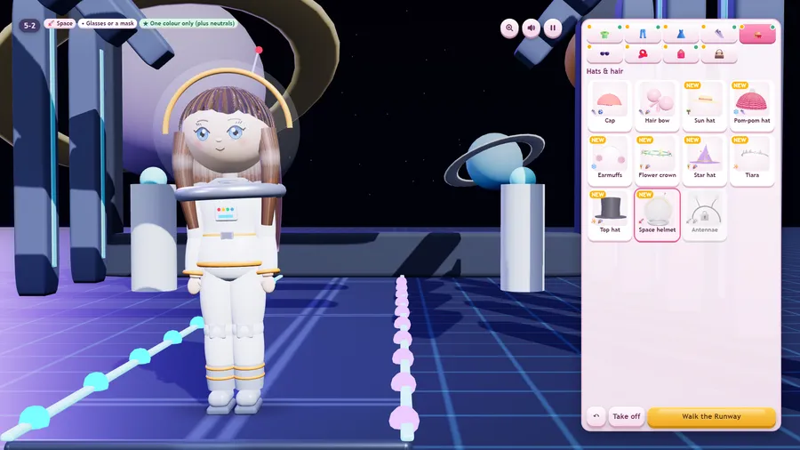 Show 5-2 Space: a poppet in a white spacesuit and bubble helmet on a neon runway, with the Hats & hair wardrobe open