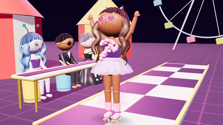A poppet in heart glasses and roller skates cheers on a checkered runway at a carnival while three judges sit at a table