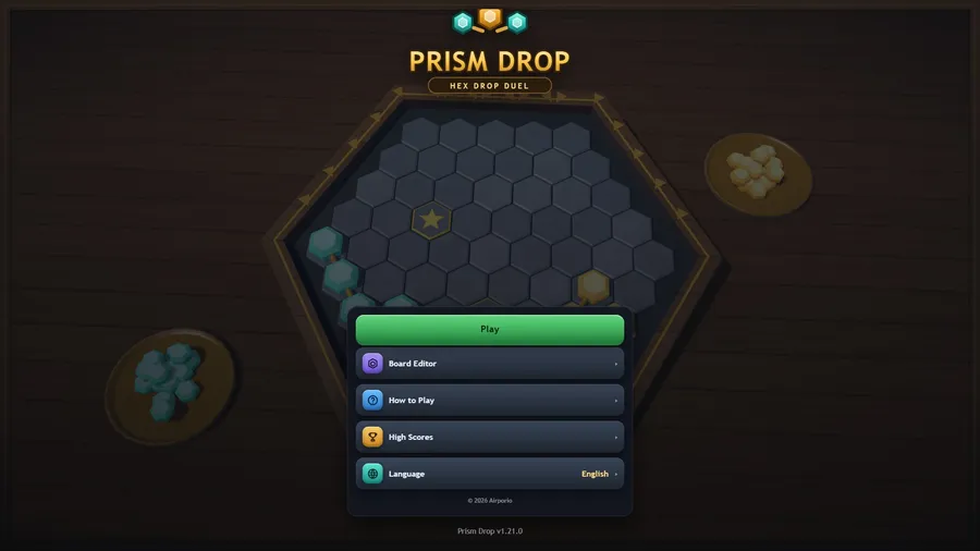 Título de Prism Drop sobre el tablero 3D: Play, Board Editor, How to Play, High Scores y Language: English