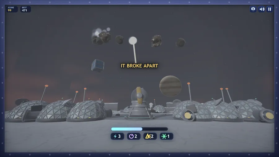 At-the-prism view: the colony as a skyline under the gas giant, a rock breaking apart overhead and a crate falling; score 99