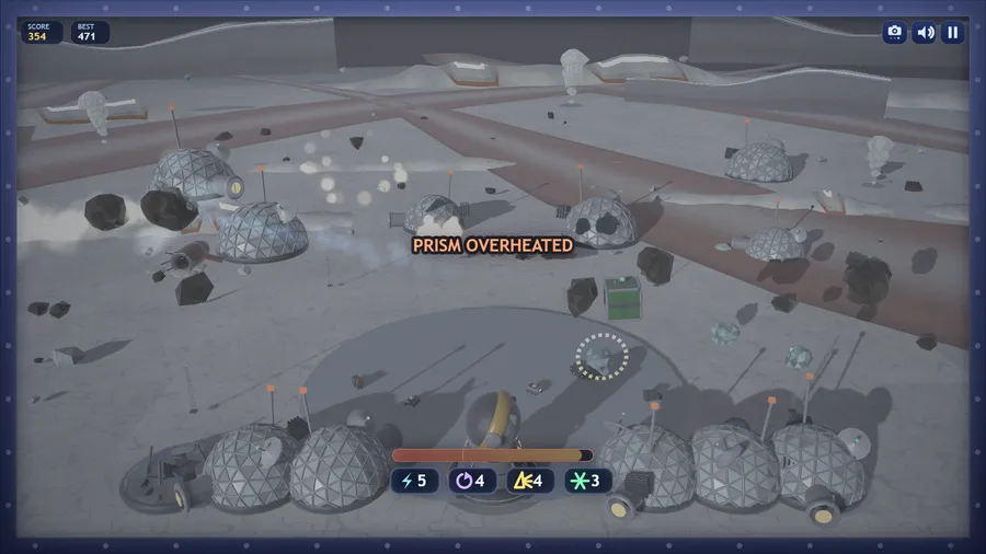 High view over the ice: rocks fall among the domes and red lineae, PRISM OVERHEATED, the heat bar near full; score 354