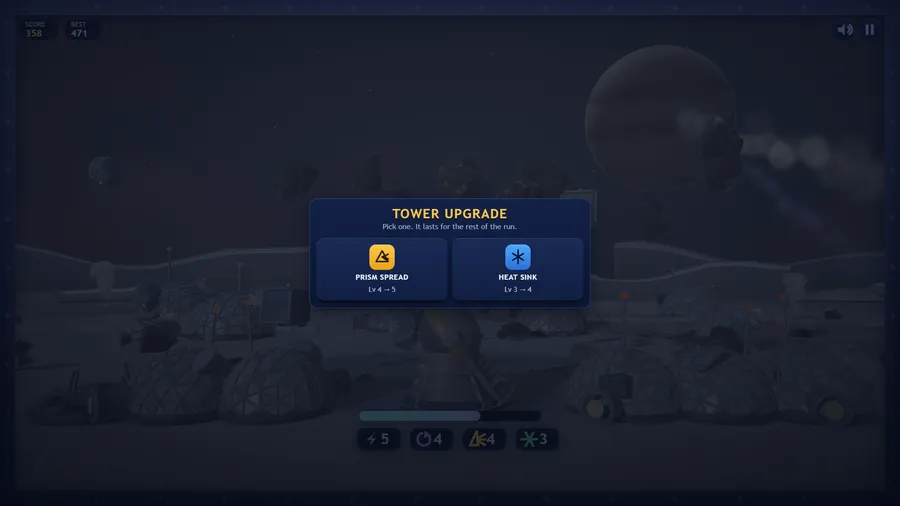 Tower Upgrade offers two of five lines: Prism Spread Lv 4 to 5, or Heat Sink Lv 3 to 4; score 358, best 471