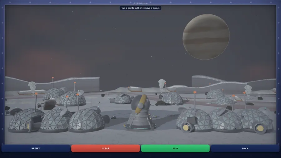 Colony Editor: geodesic domes on their pads around the prism tower, with the hint to tap a pad to add or remove one