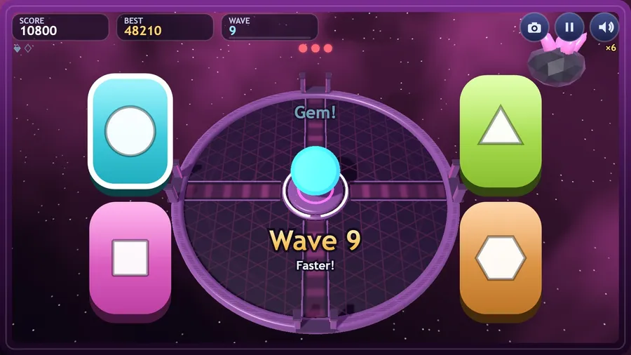 Stage view of the Neon arena as wave 9 begins, with the Wave 9 banner and a round core glowing cyan