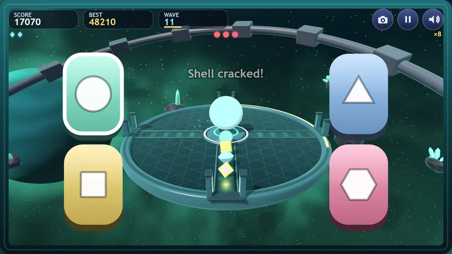 Close view down at the Aurora arena: the core above its dais, a station ring and a planet beyond the deck