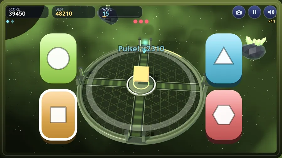 Orbit view of the Circuit arena in wave 15 as a pulse shatters the board for 2310 points, multiplier x11