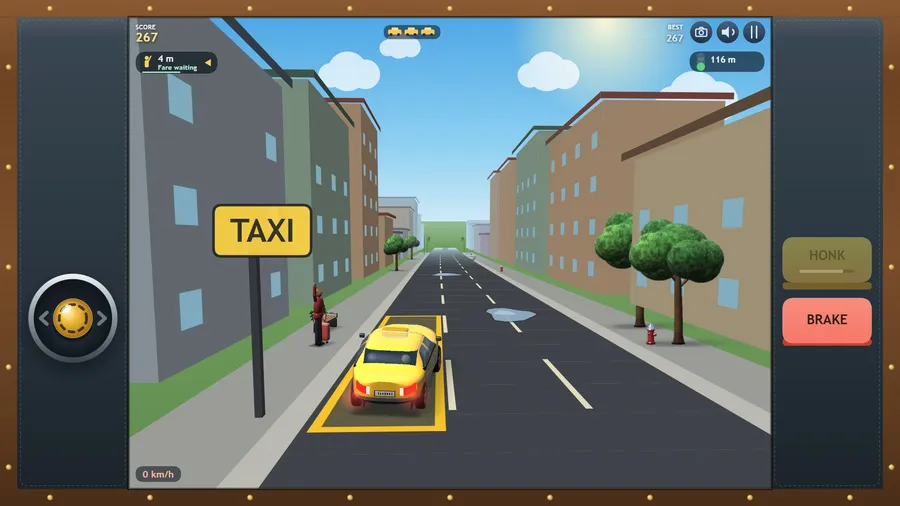 The cab stopped in a yellow taxi bay beside a waving traveller with a suitcase, under a TAXI sign; 0 km/h