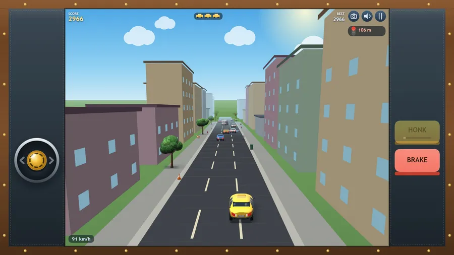 High view over a busy street at 91 km/h after 2 km: traffic ahead in every lane, score 2966
