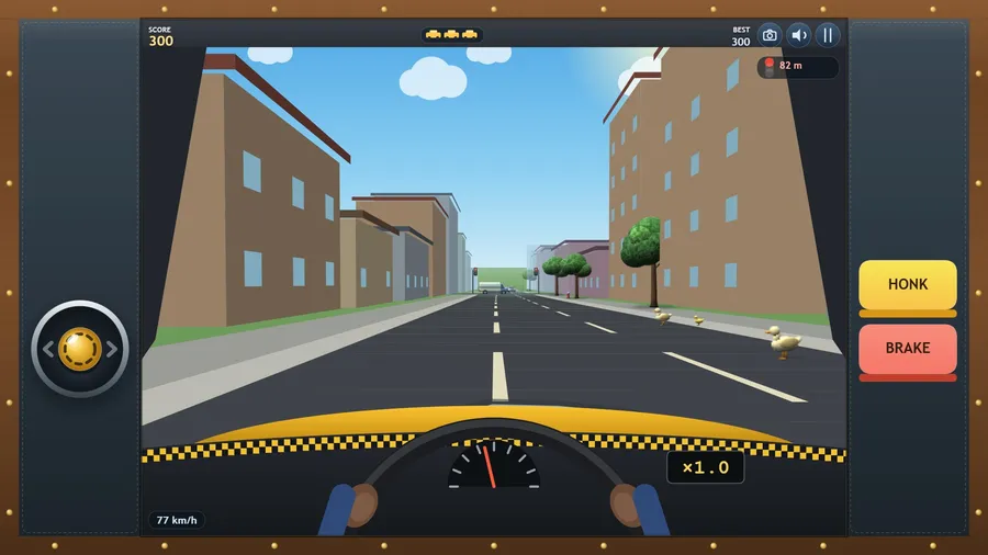 From the driver's seat on a sunny street: ducks crossing the road ahead at 77 km/h, score 300