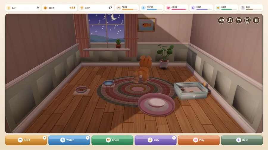A ginger kitten on a rug in a 3D room with bowls, bed and litter box; Day 9, 465 coins, Best 17 and six full meters