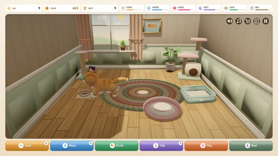A kitten wearing a little hat walks to its food bowl in a room with a scratching post and cat tree, Day 9 and 465 coins.