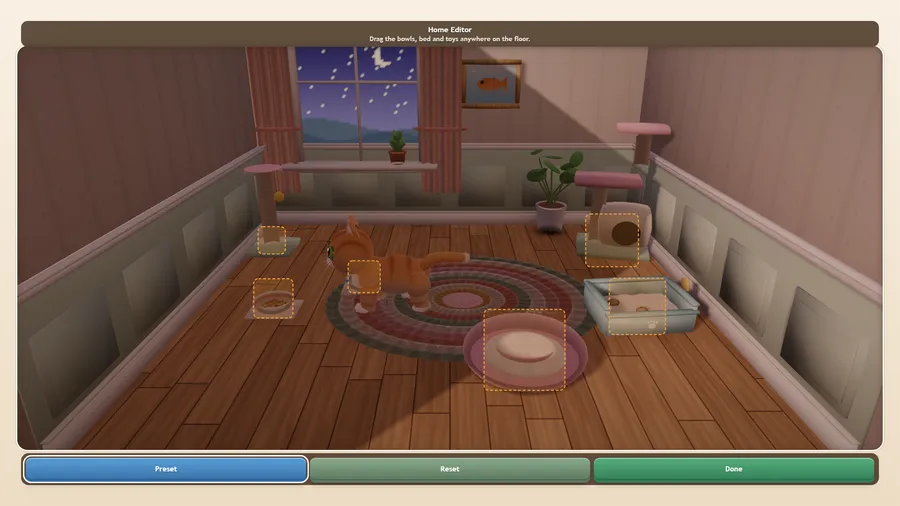Home Editor: dashed boxes around the bowls, bed, litter box, scratching posts and cat tree, with Preset, Reset and Done