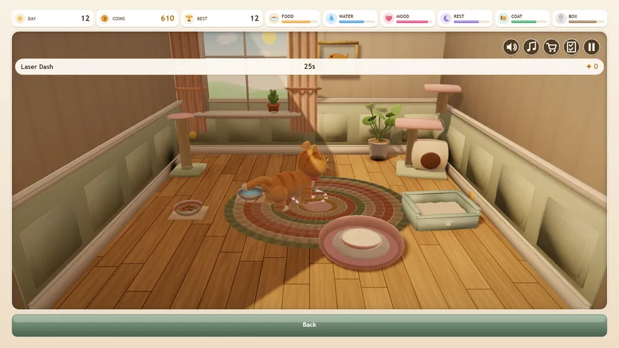 The Laser Dash mini-game: a 25-second timer at the top and the kitten chasing a dot across the rug, with a Back button.