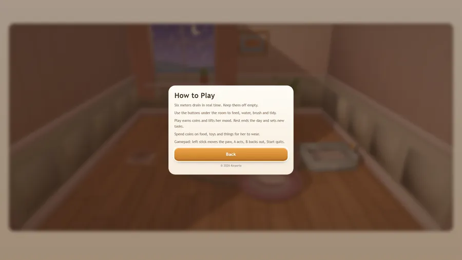 How to Play card over a dimmed room: the six meters, the care buttons, play and rest, the shop and the gamepad line