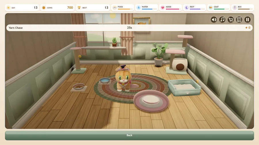 The Yarn Chase mini-game with a 25-second timer, the hatted kitten on the rug and a Back button below.