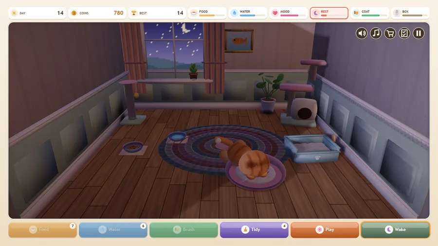 Night in the room: the kitten curls up asleep on its bed under a starry window, with a Wake button highlighted.