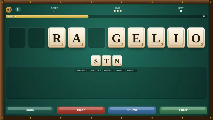 Round 1 with 19 seconds left: rack tiles R A G E L I O, S T N being spelled, and five unchecked words such as STRANGLE