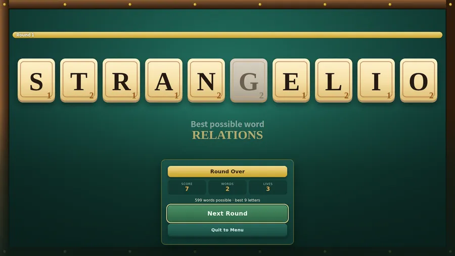 Round Over on the rack STRANGELIO: best possible word RELATIONS, score 7, 2 words, 3 lives, and a Next Round button