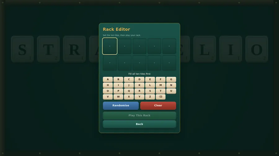Rack Editor with ten empty tile slots, an A to Z letter pad, and Randomise, Clear, Play This Rack and Back buttons