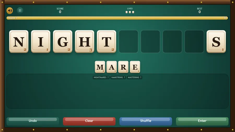 Building a word: tiles N I G H T and S stay on the rack while MARE is spelled out below, with Undo, Clear, Shuffle and Enter.