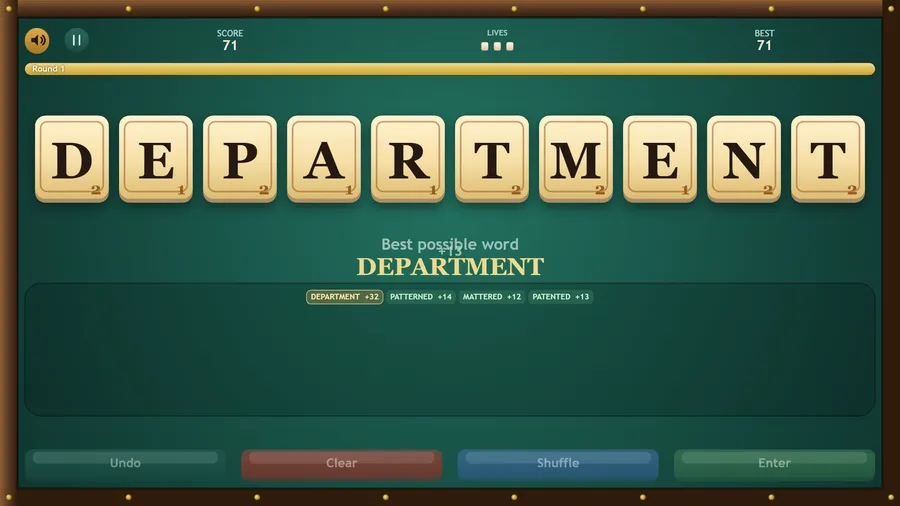 Words being checked after a round: DEPARTMENT scores +32 and other words follow, with the best possible word shown above.