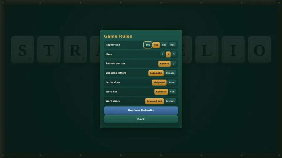 Game Rules panel: round time 45s, 3 lives, Endless rounds, Automatic letters, Weighted draw, Common list, check At round end