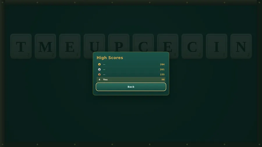 High Scores list with 284, 201 and 155, a highlighted fourth row reading You 98, and a Back button