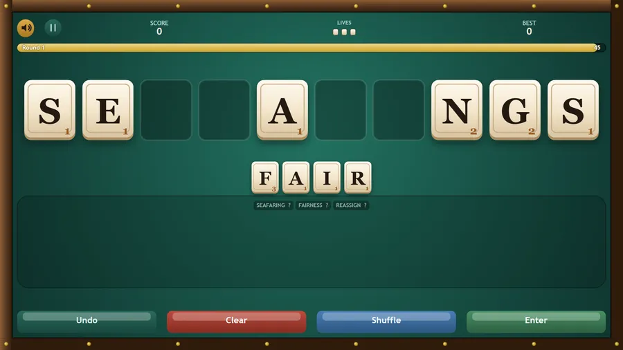A second rack, S E A F A R I N G S, with FAIR spelled out below and three words waiting to be checked.