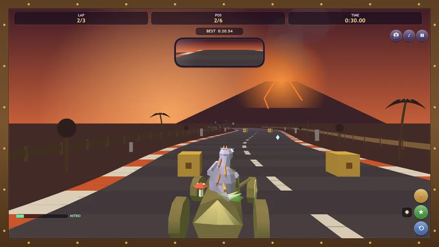 A lilac dino kart weaves between yellow item crates on lap 2 of 3 in second place, with a best lap time shown.
