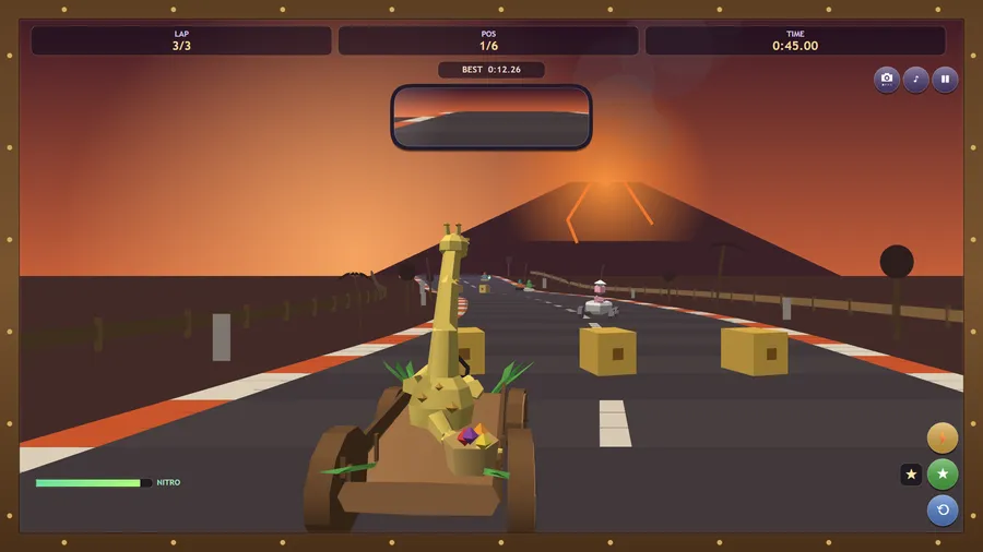 A long-necked dino in a wooden kart leads on lap 3 of 3, first place, with item crates ahead on the road.