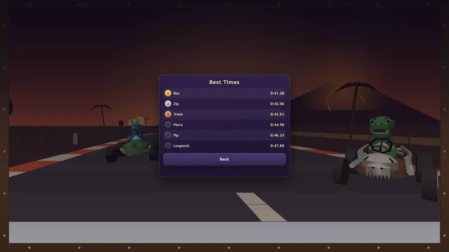 Rex chases a rival down a volcano straight; lap 1/3, position 3/6, 0:09.00, the nitro bar part full